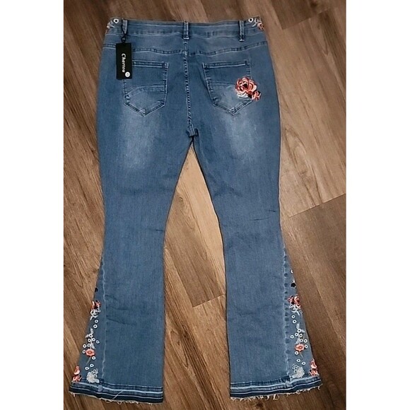 Charton Collection Jeans Womens Flare XL Med Wash Embroidered Flowers Wide-Leg - Picture 13 of 13